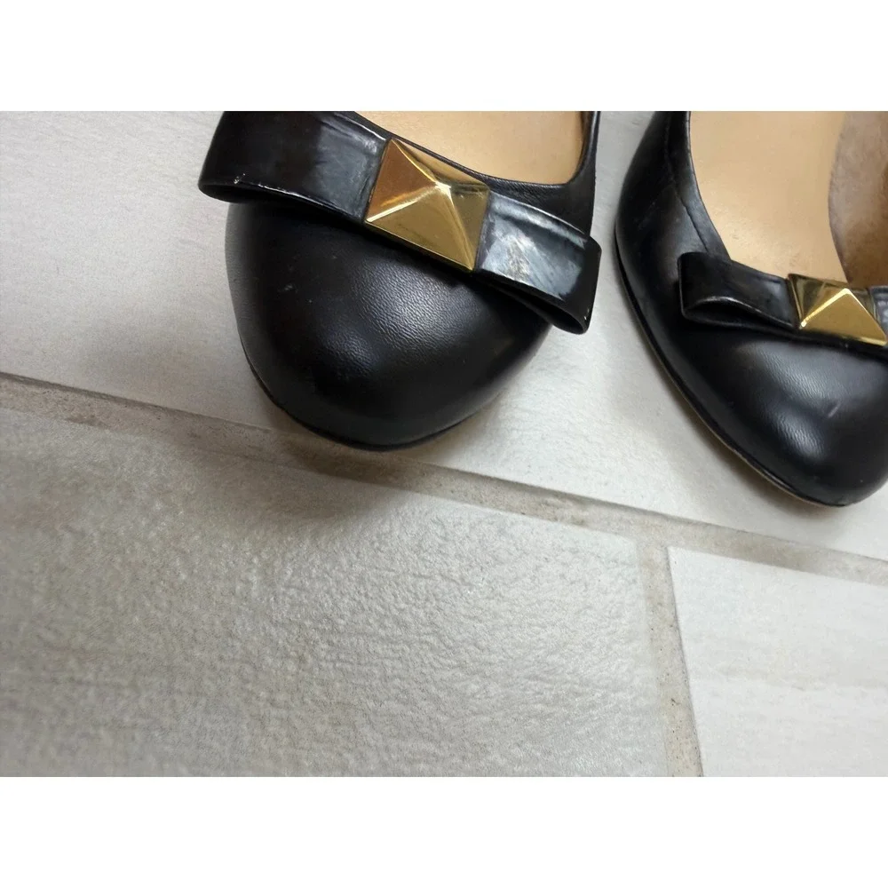 Kate Spade Black Leather Wedge Heels Bow Pyramid Stud Round Toe Pumps 7M